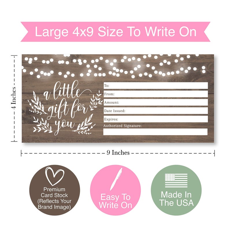 Hadley Designs 25 Blank Gift Certificates for Business â€“ 4x9 Christmas Gift Certificates Cards for Small Business, Spa, Massage, Nail & Hair Salon, Restaurant, Holidays Coupon Vouchers Made in USA - Image 3